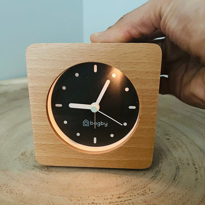 Light-wood Bagby MINIMALIST clock with night light illuminated