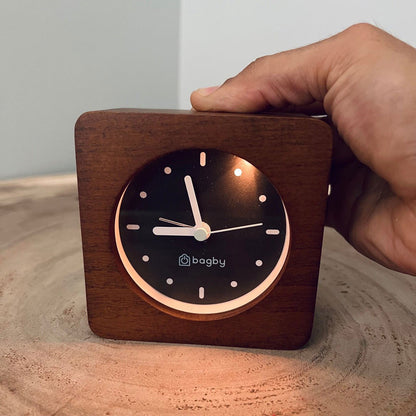 Dark-wood Bagby MINIMALIST clock with night light illuminated