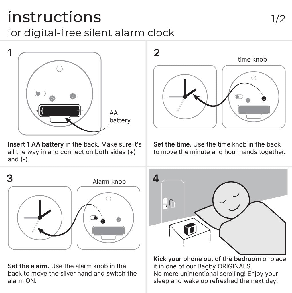 Bagby MINIMALIST clock setup instruction diagram