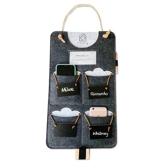 Charcoal four-pocket felt phone organizer with a tan cord hanger, chalkboard name tags and pencil.
