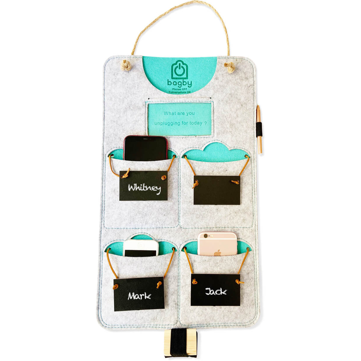 Light gray and teal four-pocket felt phone organizer with cord hanger and chalkboard name tags.