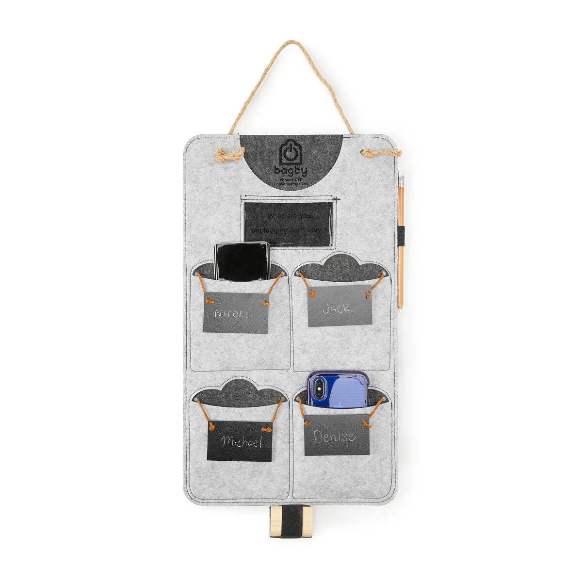 Front and back views of charcoal and light gray four-pocket phone organizers with stitched pockets.