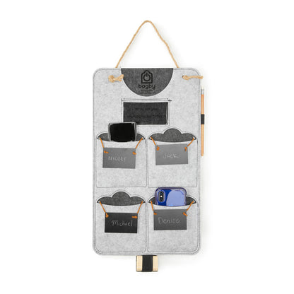 Front and back views of charcoal and light gray four-pocket phone organizers with stitched pockets.