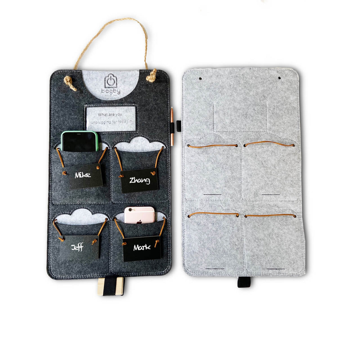 Lifestyle scene with a charcoal four-pocket phone organizer hanging on a ladder beside people socializing.