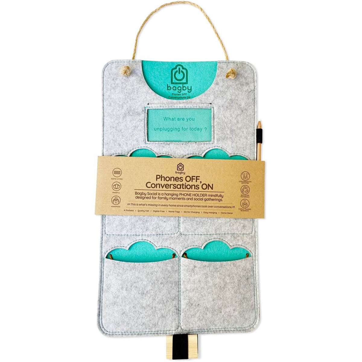 Light gray and teal four-pocket organizer shown with a cardboard display band.