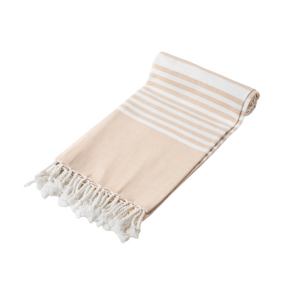 Beige striped cotton towel folded on a plain background; one towel is included.