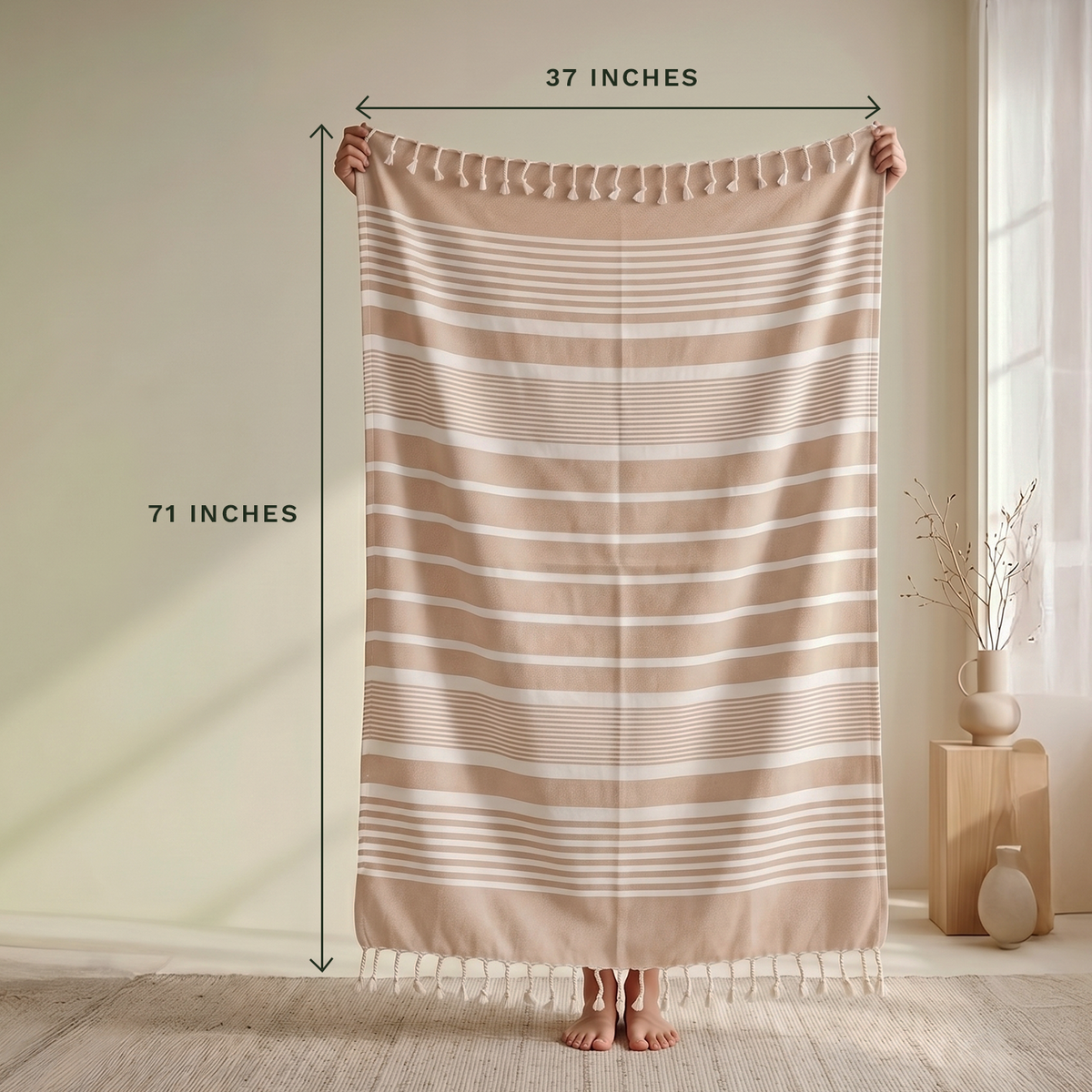 Beige striped cotton towel showing approximate 71 by 37 inch dimensions; one towel is included.