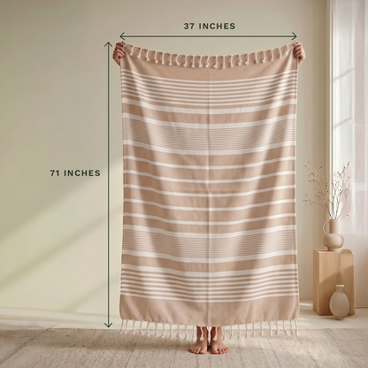 Beige striped cotton towel showing approximate 71 by 37 inch dimensions; one towel is included.