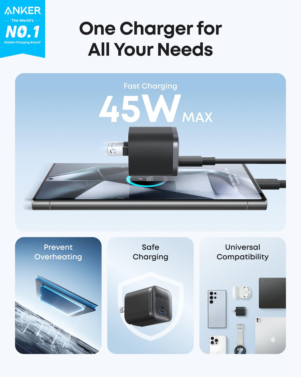 Anker Nano 45W — Black charger manufacturer 45W charging and compatibility illustration