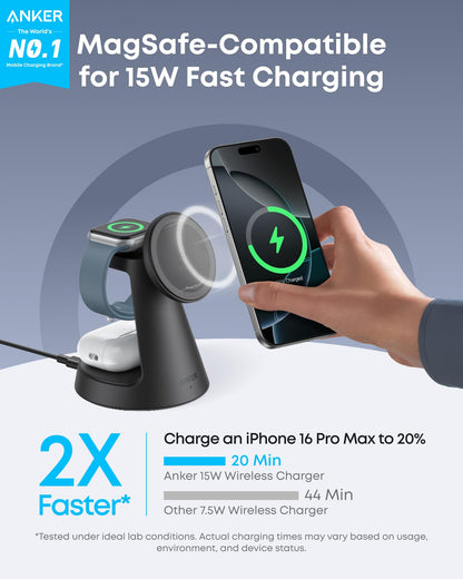 Black Anker MagGo charging stand beside a phone; the graphic shows a 15W charging comparison.