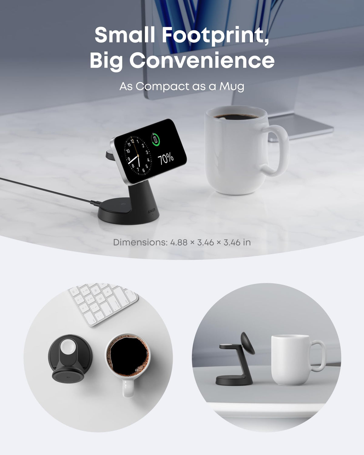 Black Anker MagGo stand shown on a desk with a phone; graphic lists the stand dimensions as 4.88 by 3.46 by 3.46 inches.