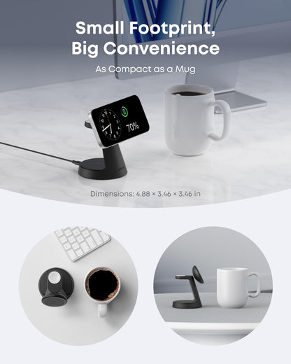Black Anker MagGo stand shown on a desk with a phone; graphic lists the stand dimensions as 4.88 by 3.46 by 3.46 inches.