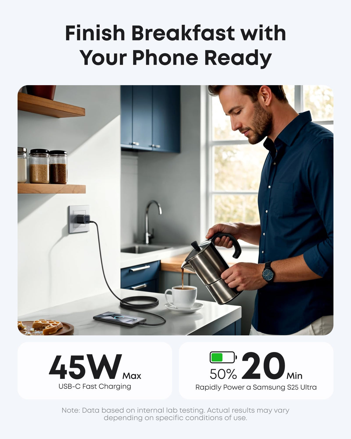 Anker Nano 45W — Black charger in a kitchen charging scene; devices shown are not included