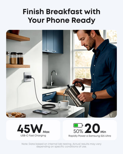 Anker Nano 45W — Black charger in a kitchen charging scene; devices shown are not included