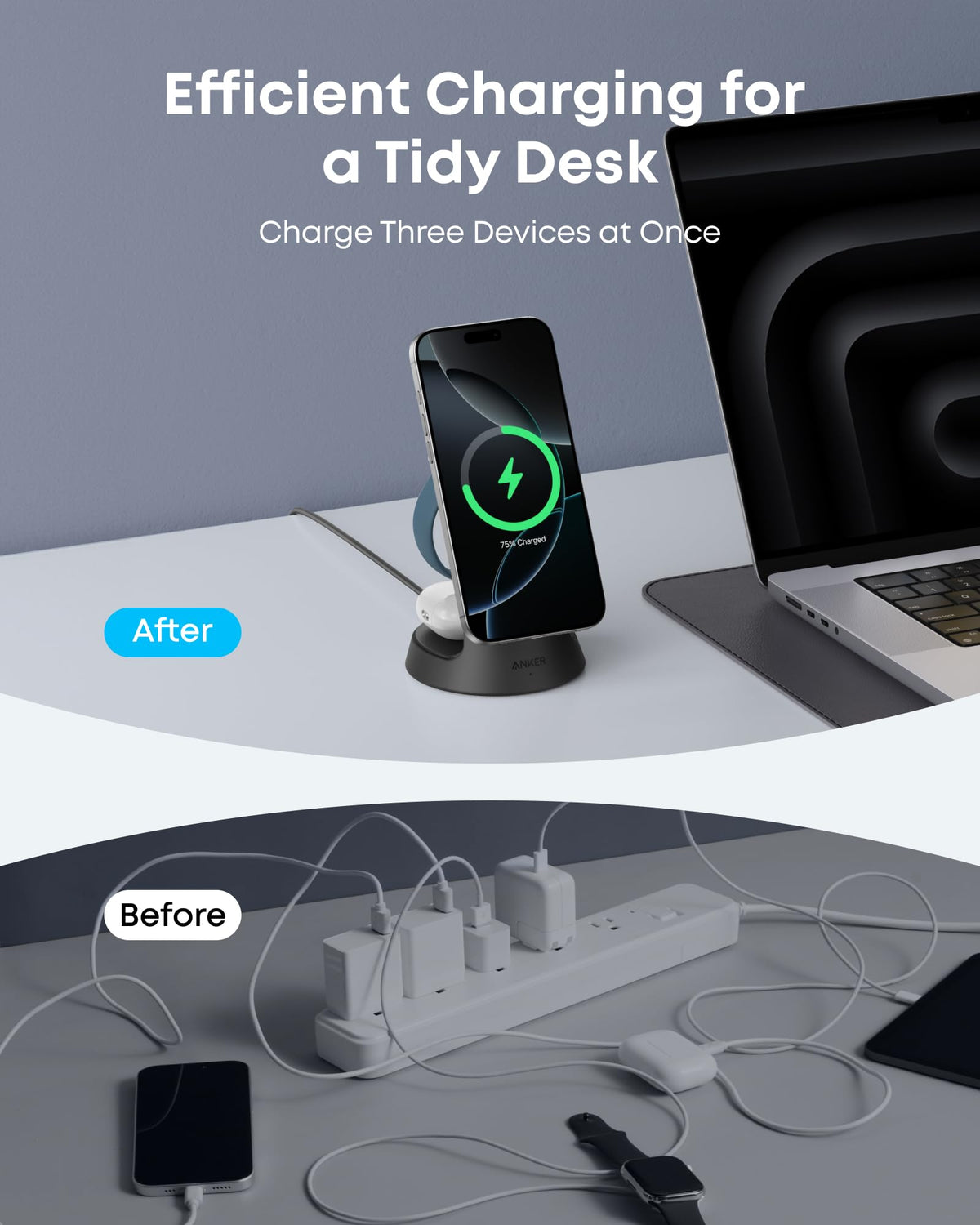 Black Anker MagGo charging stand shown in an after-and-before desk setup comparison.