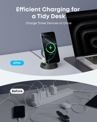 Black Anker MagGo charging stand shown in an after-and-before desk setup comparison.
