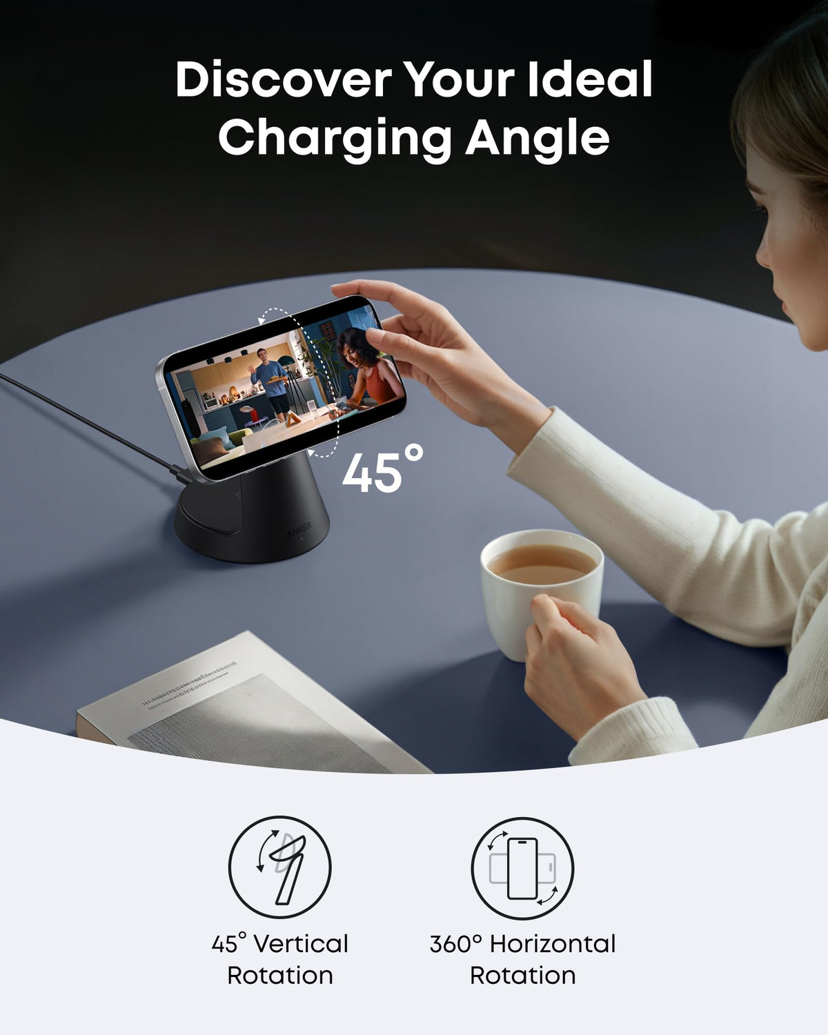 Black Anker MagGo stand with a phone rotated horizontally; graphic shows up to 45-degree vertical and 360-degree horizontal rotation.
