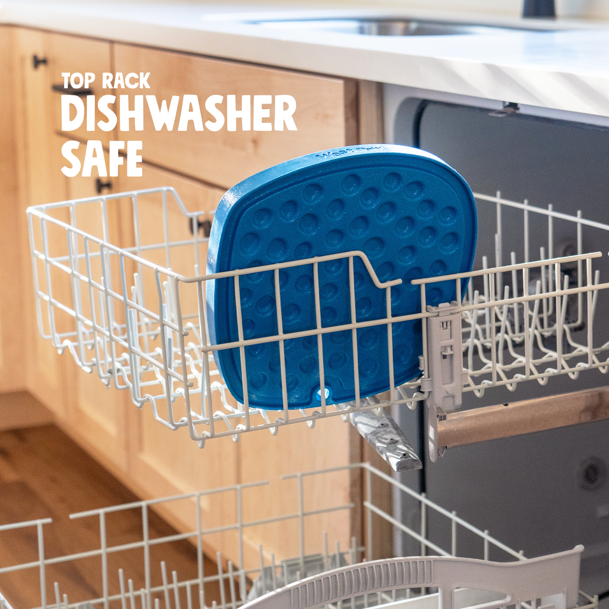 Marine Bubbles Feast Mat in a dishwasher top rack; source graphic states top-rack dishwasher safe.
