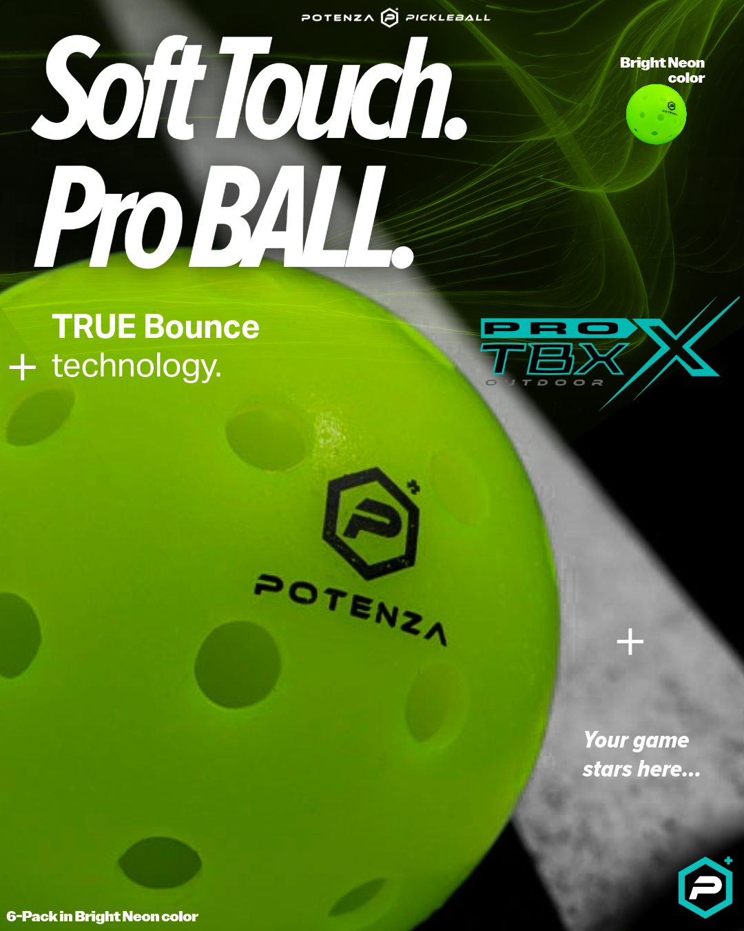 Potenza TBX neon outdoor pickleball close-up on supplier product graphic