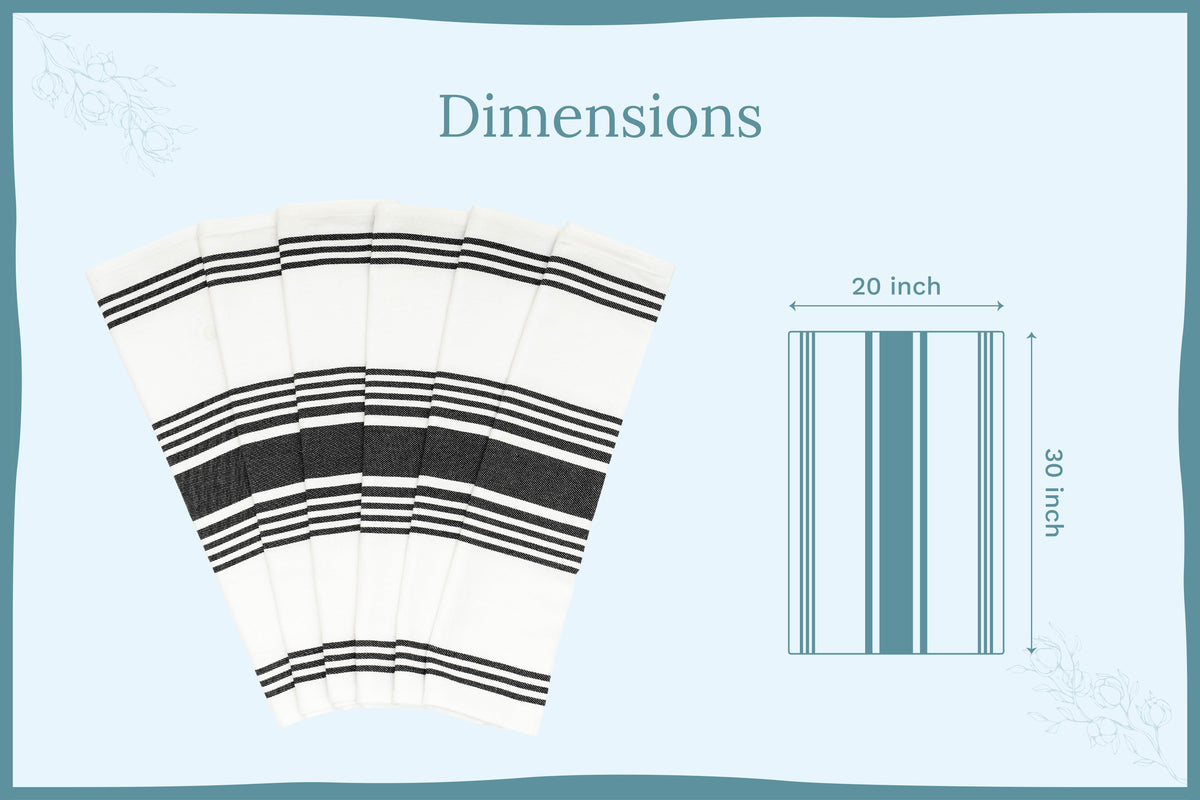 Black striped cotton kitchen towels — 20 by 30 inch dimension guide