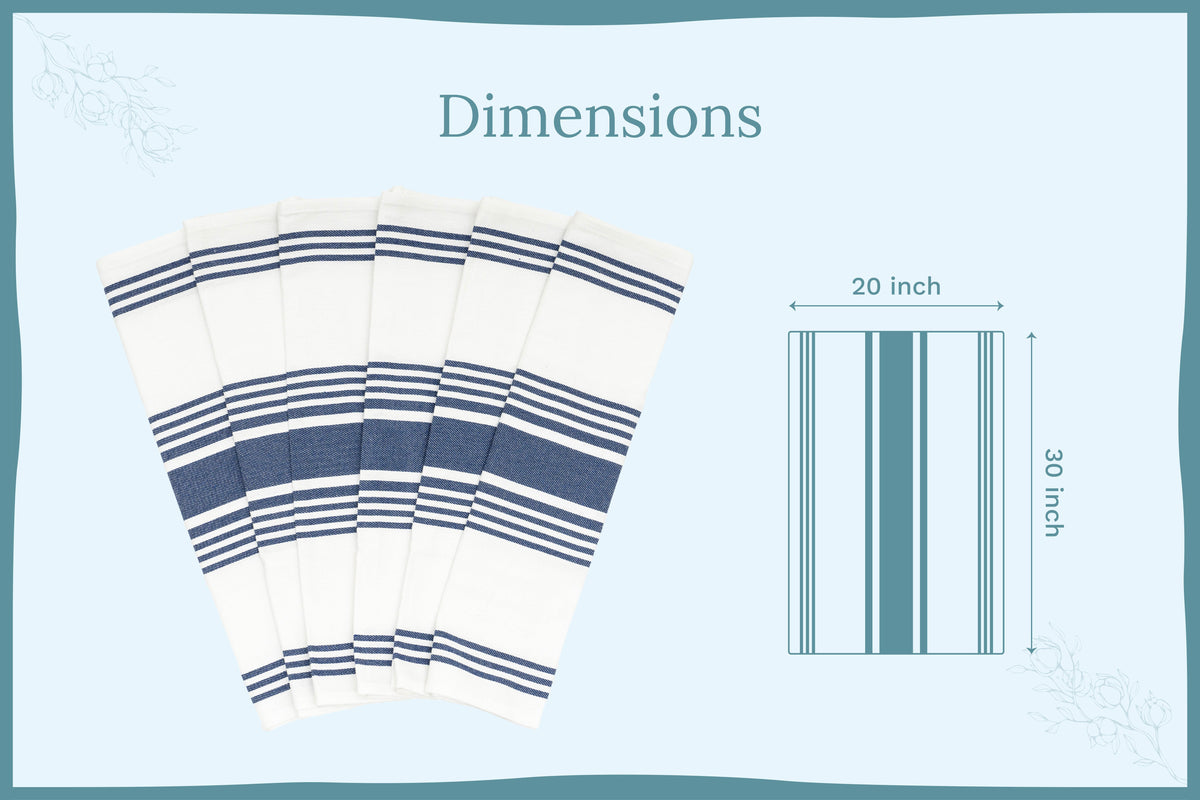 Blue striped cotton kitchen towels — 20 by 30 inch dimension guide