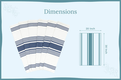 Blue striped cotton kitchen towels — 20 by 30 inch dimension guide