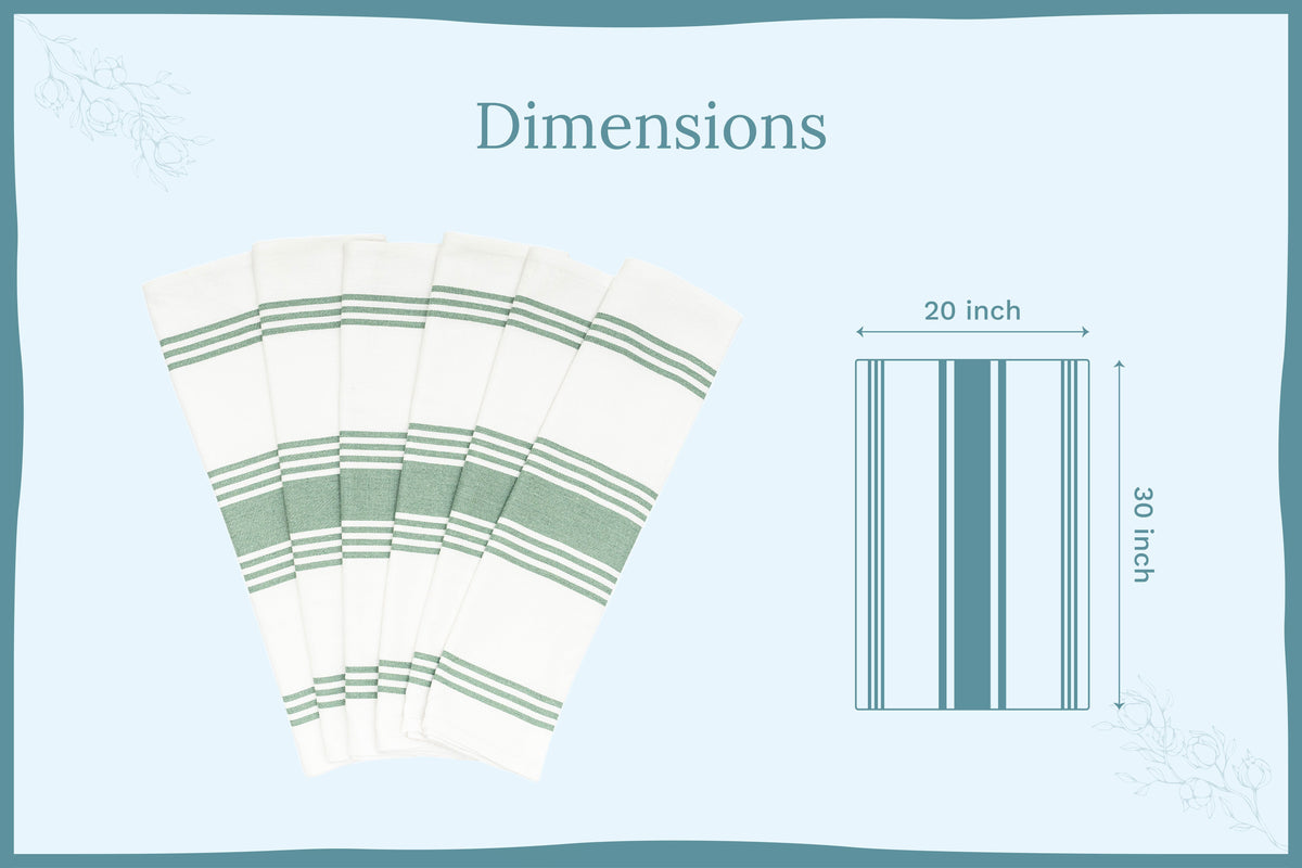 Sage green striped cotton kitchen towels — 20 by 30 inch dimension guide