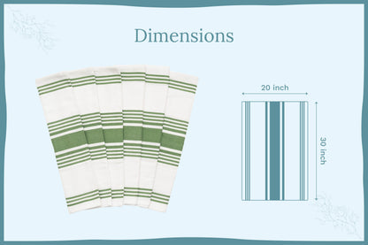Olive green striped cotton kitchen towels — 20 by 30 inch dimension guide