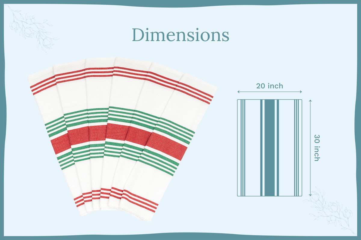 Red and green striped cotton kitchen towels — 20 by 30 inch dimension guide