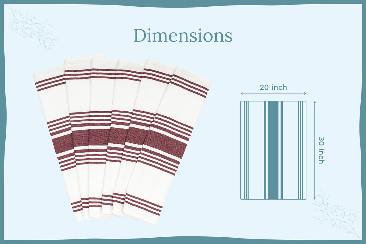 Maroon striped cotton kitchen towels — 20 by 30 inch dimension guide