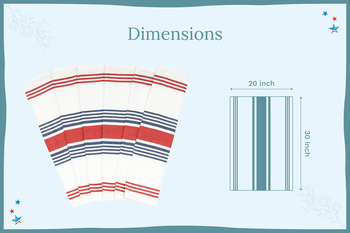 Red and blue striped cotton kitchen towels — 20 by 30 inch dimension guide