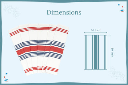 Red and blue striped cotton kitchen towels — 20 by 30 inch dimension guide