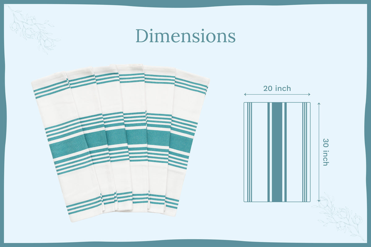 Teal striped cotton kitchen towels — 20 by 30 inch dimension guide