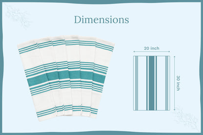 Teal striped cotton kitchen towels — 20 by 30 inch dimension guide