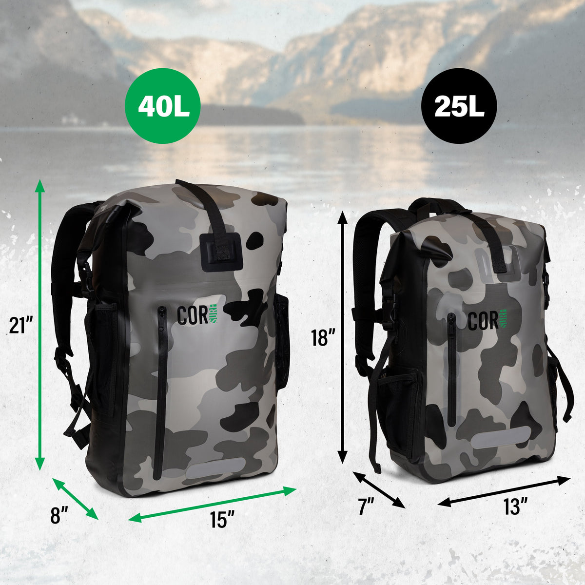 Size comparison of 40L and separate 25L bags; this listing is for one 40L bag only.