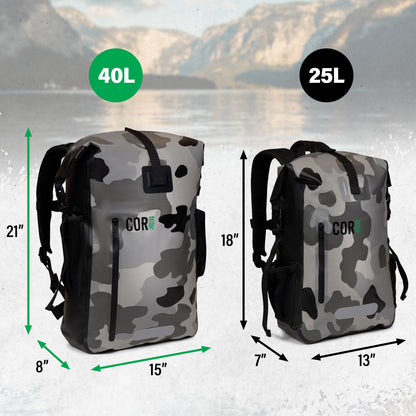 Size comparison of 40L and separate 25L bags; this listing is for one 40L bag only.