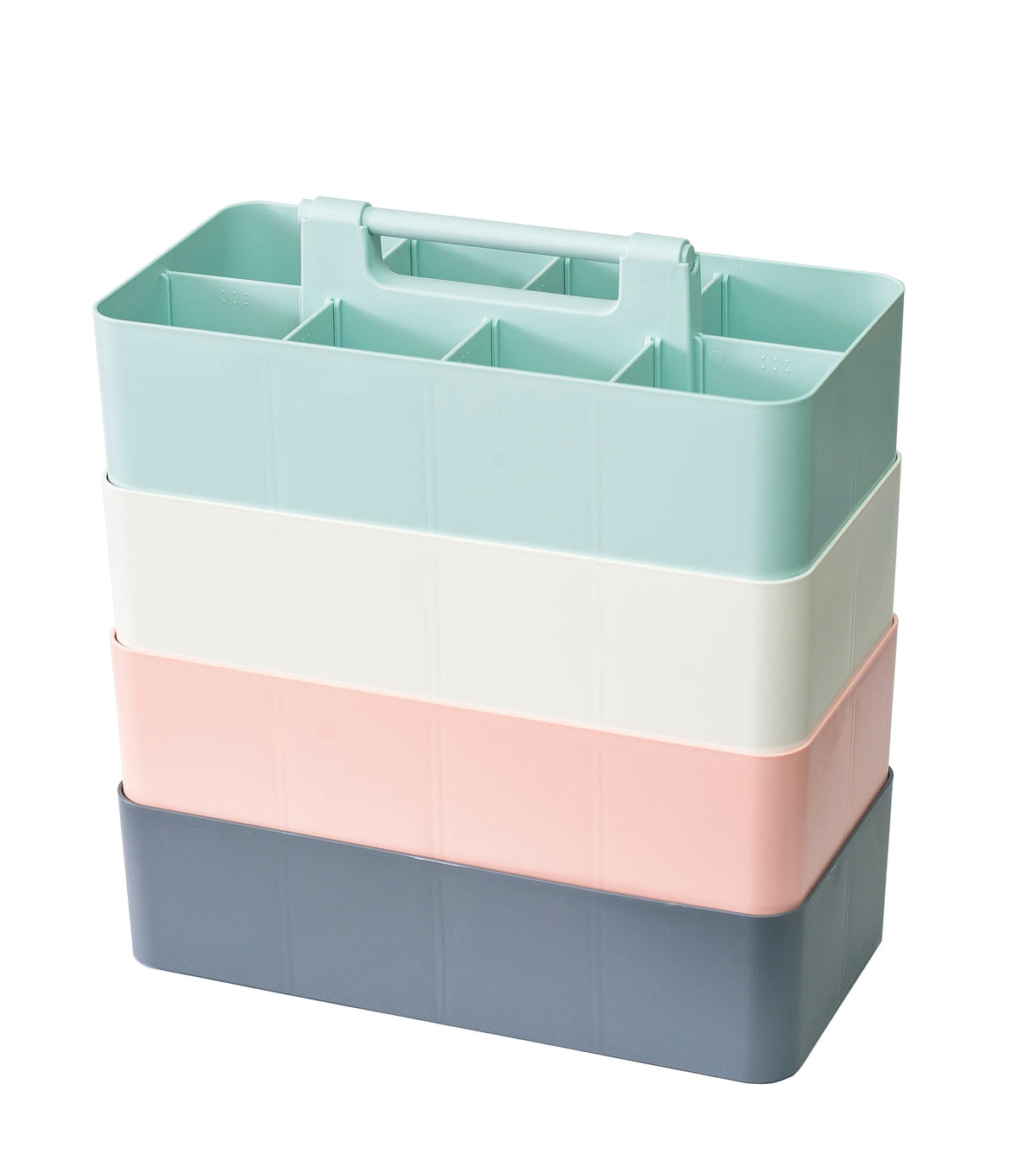 Four stacked Enjoy Organizer caddies in mint, ivory, pink and gray.
