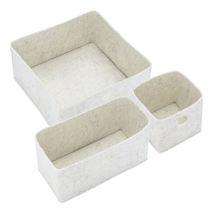 Three empty heathered-white felt drawer organizer bins in small, medium and large sizes.