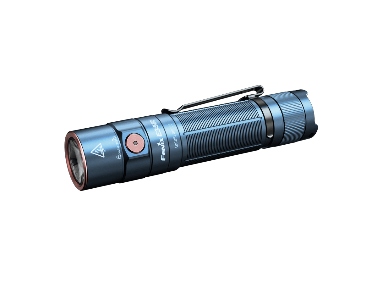 Glacier Blue Fenix E35R flashlight with side switch and pocket clip, angled view.