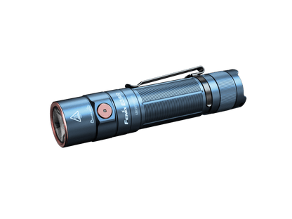 Glacier Blue Fenix E35R flashlight with side switch and pocket clip, angled view.
