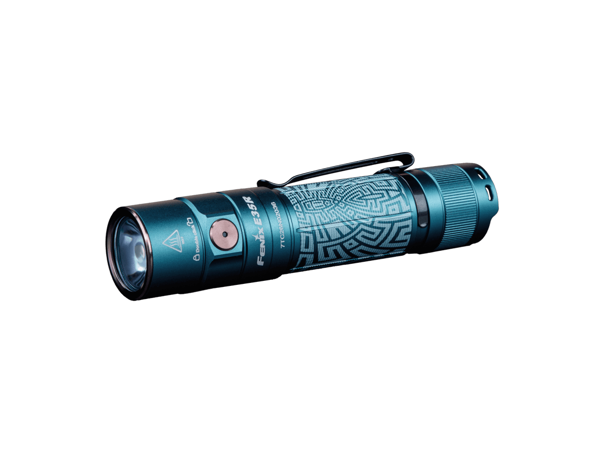 Graffiti-finish Fenix E35R flashlight showing its patterned body and side switch.