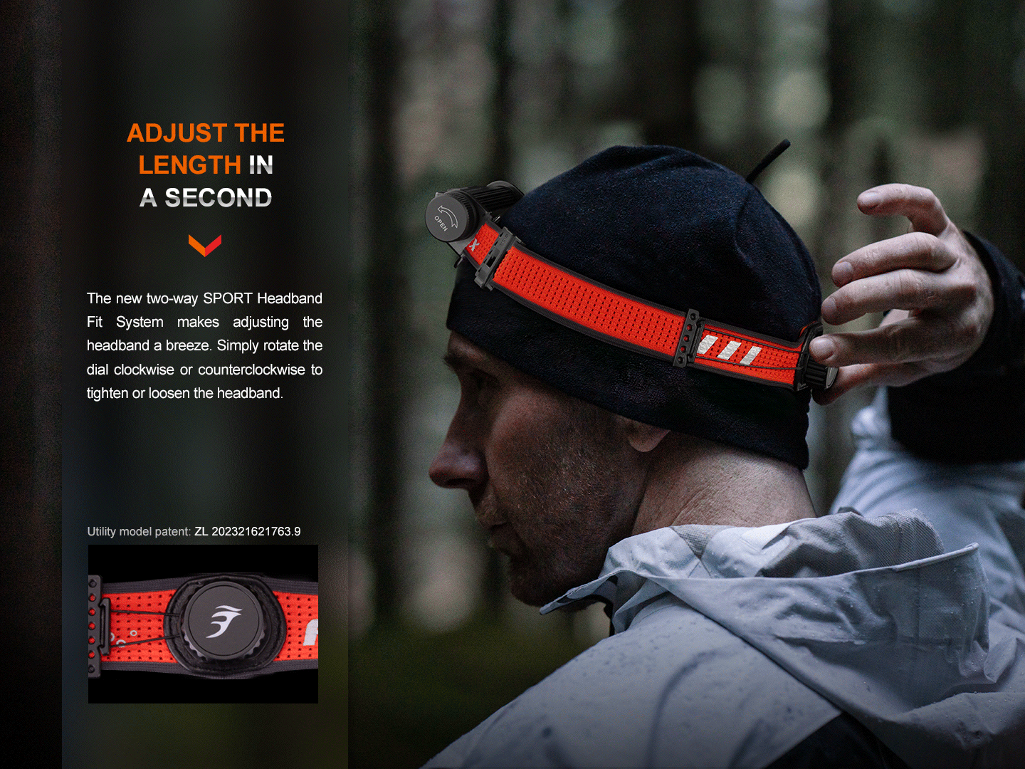 Animated close-up showing adjustment of the SPORT headband fit dial.