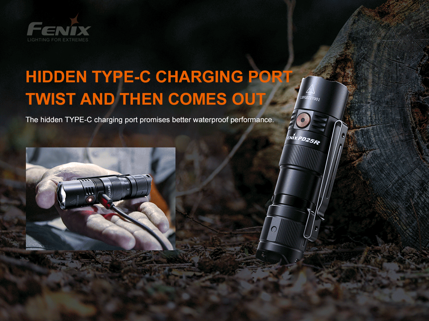 Animation showing the Fenix PD25R charging-port cover opening to reveal the USB-C port.