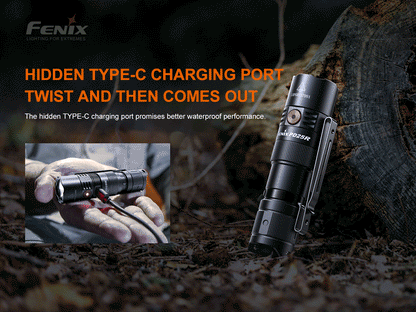 Animation showing the Fenix PD25R charging-port cover opening to reveal the USB-C port.