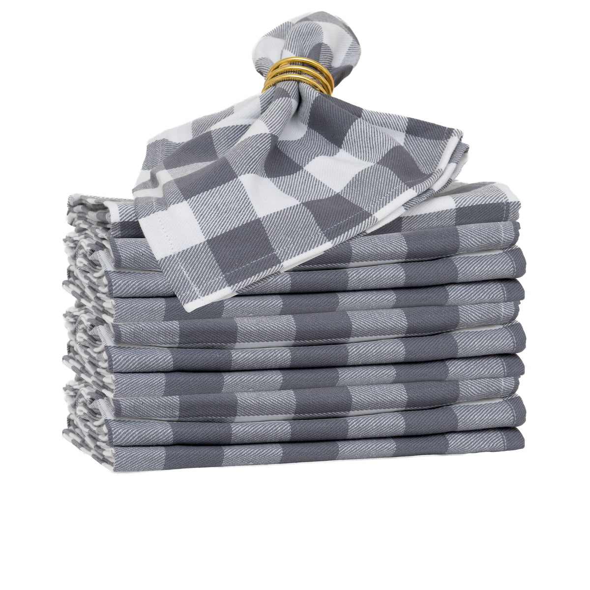 Gray and white plaid cotton dinner napkins