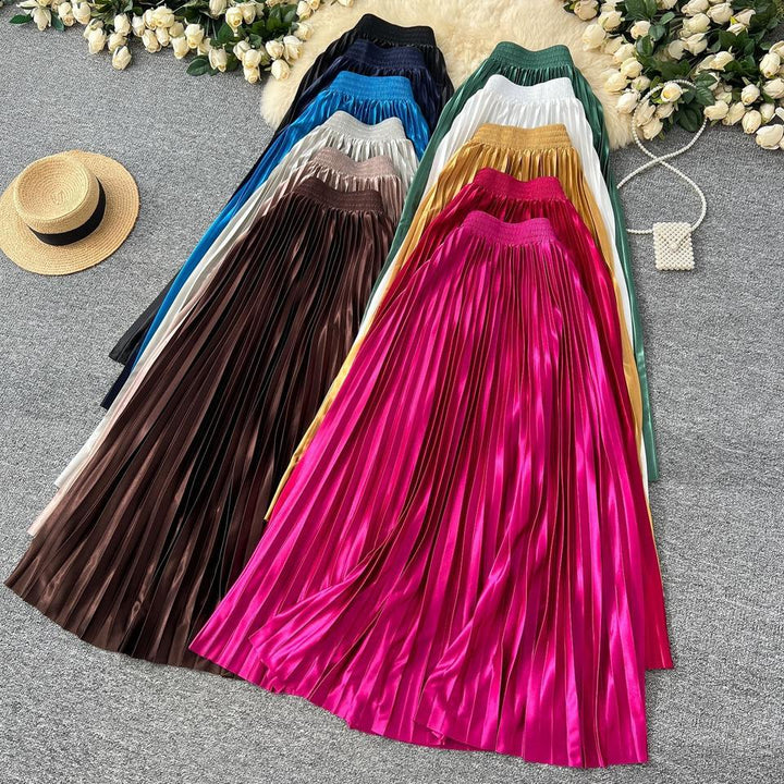 Women's Pleated Satin High-Waisted Skirt