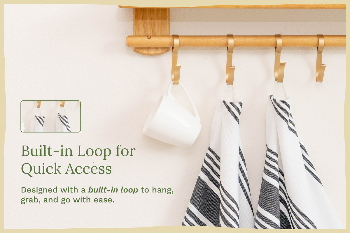 Black striped cotton kitchen towels — hanging loop detail; props not included
