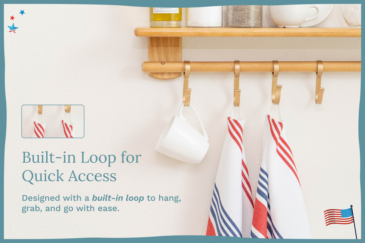 Red and blue striped cotton kitchen towels — hanging loop detail; props not included