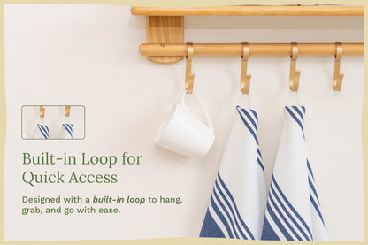 Blue striped cotton kitchen towels — hanging loop detail; props not included