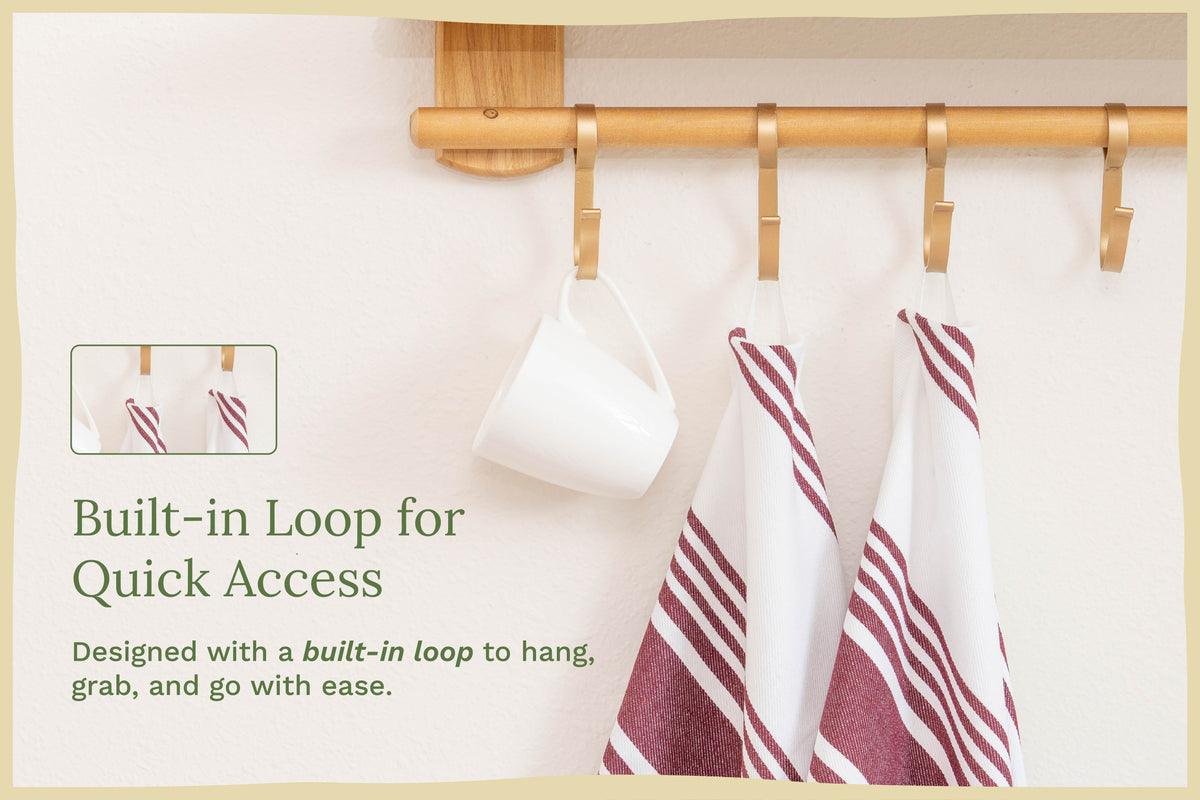 Maroon striped cotton kitchen towels — hanging loop detail; props not included